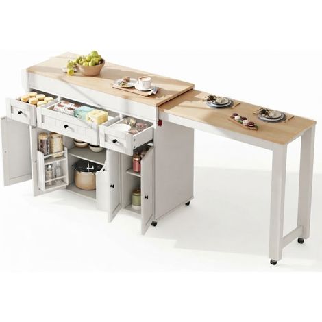 ELVMI Isla de Cocina con Ruedas con 3 Cajones, Estantes Ajustables y Encimera Extensible, en MDF, Blanco Natural (1/5)