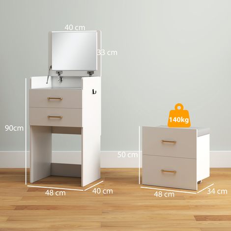 Coiffeuse 3 en 1 avec miroir, table de chevet, tabouret à roulettes et tiroirs, blanche (1/5)