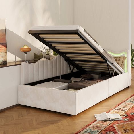 Letto contenitore 90 x 200 cm, letto imbottito stile divano con illuminazione LED, letto per bambini, letto 90x200 con rete a doghe, struttura letto, beige, velluto (1/5)