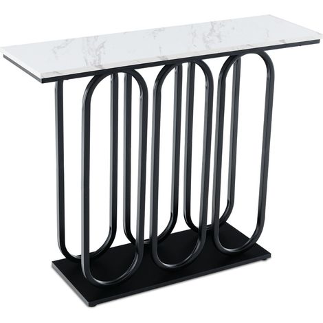 Tavolo consolle da 100cm con piano effetto marmo piedini regolabili struttura in metallo, Mobile ingresso Nero (1/4)