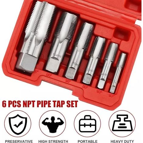 Machos de roscar para tuberías NPT de 1 pulgada, 3/4 pulgada, 1/2 pulgada, 3/8 pulgada, 1/4 pulgada y 1/8 pulgada, de acero al carbono, para roscado preciso, plomería, mecánica y corte de roscas. (1/5)