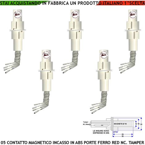 Rilevatore Apertura Porta o Cancello in Ferro Forma Cilindrica ad Incasso Allarme Sensore Magnetico Campo 20 mm 5 Pezzi Contatto Reed Antifurto 4 Fili 2 NA 2 Tamper Max 30 V 10W Fissaggio Interno IP67
