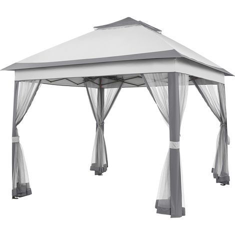 Homevive Carpa Cenador de Jardín 3.3x3.3m Cornisa Extendida con 4 Mosquiteras Laterales Cremallera Altura Ajustable de 271-291cm Color Gris Oscuro/Gris Claro