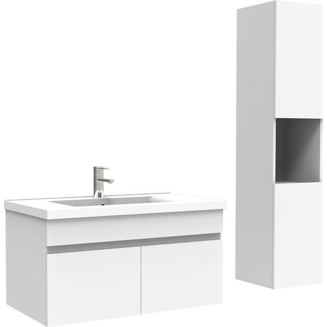 Ocean meuble Salle de Bain avec colonne et vasque ceramique 80cm Blanc