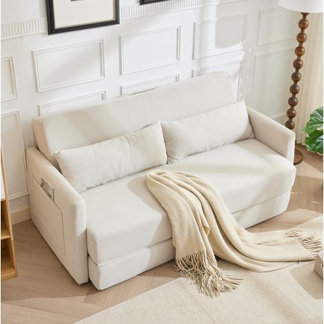 Sofá cama convertible 2 plazas 165x92x82 cm en tela beige, ahorro de espacio FLORAGRACE