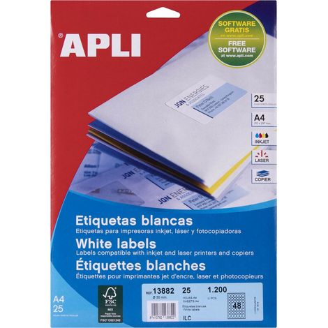 APLI ETIQUETAS BLANCO PARA INKJET, LÁSER Y FOTOCOPIADORAS / 30MM / CIRCULOS - 25 HOJAS- (1/2)