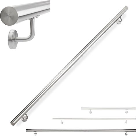 Relaxdays – Main courante inox 304 – Rambarde ronde 200 cm – Ø 42 mm – Fixation murale incluse – Argenté pour intérieur et extérieur