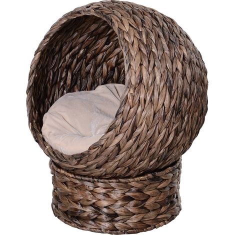 Rattan Katzenkorb Gemütliche Katzenhöhle Aus Wasserhyazinthe, Dunkelbraun, Ideal Für Wohnzimmer, 50X42X60Cm