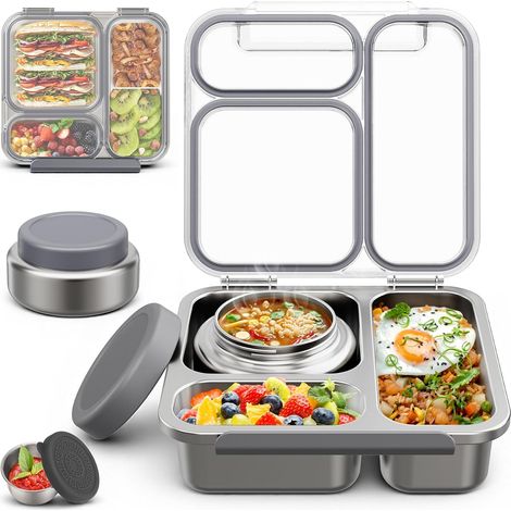 Bento Lunch Box Enfant Adulte en Acier Inoxydable avec 200ml Récipient Isotherme, Boîte à Lunch à 3 Compartiments, Lunchbox avec Pot à Sauce pour Pique-Nique Travail École, sans BPA, Gris (1/5)