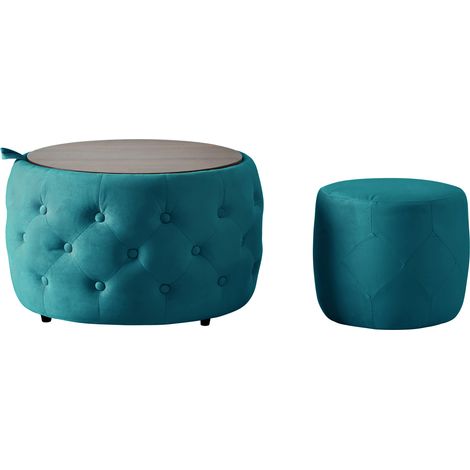 Ensemble de 2 poufs gigognes ronds en velours bleu avec rangement, plateau bois amovible, 58 x 58 x 38 cm (1/5)
