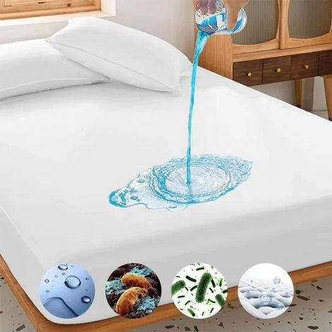 Respirant et silencieux, sans vinyle, blanc avec motif goutte bleue, tissu polyester lavable en machine, literie imperméable Esthétique épurée Protège-matelas imperméable en tissu sans vinyle (1/5)