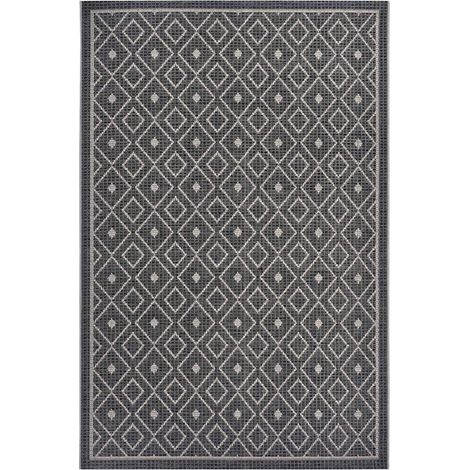 Tapis exterieur 190 x 290 cm géométrique, gris, beige, kilim authentique, structure résistante, idéal pour terrasse et jardin, entretien facile