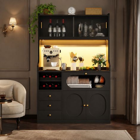 Hoher Küchenschrank 120 cm, schwarz, MDF/Metall, RGB-LED, Schiebetüren, 3 Schubladen (1/5)