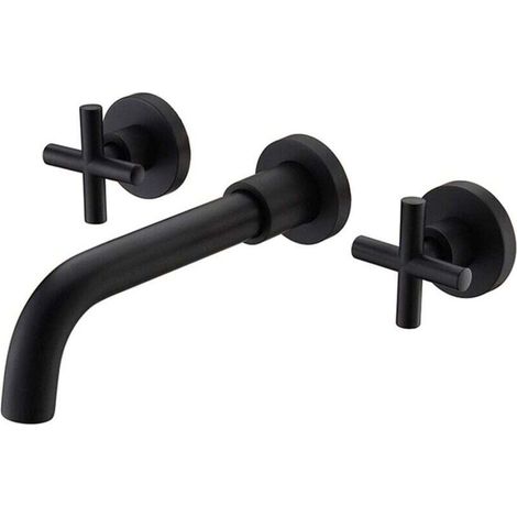 Black basin mixer, wall-mounted, 2-handle, brass bathroom tap (1/4)