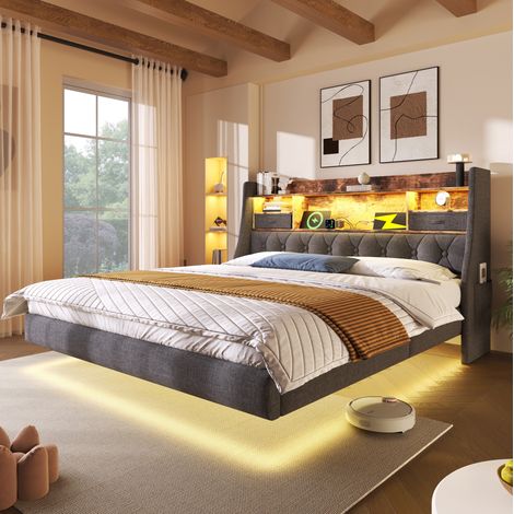 lit avec tiroirs 140x190 cm LED, tete de lit lin gris HAVRYA (1/5)