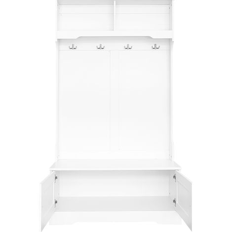 Mobile da ingresso bianco con panca, appendiabiti 4 ganci e scarpiera con 2 vani aperti (1/5)