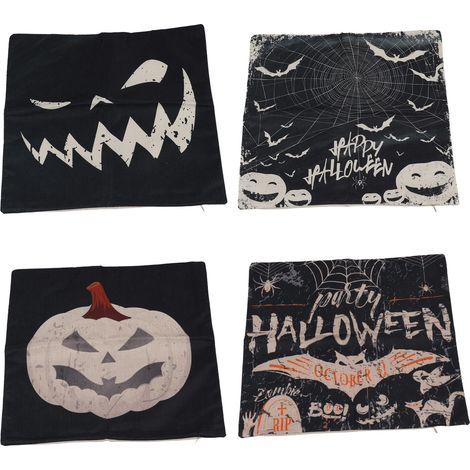 4 Housses de Coussin Halloween 45x45cm Citrouille Visage Araignée Chauve-souris Château Fermeture Éclair Lin Taies pour Canapé Maison Lot de 4 (1/5)
