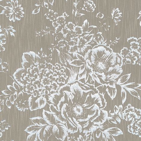 Carta da parati floreale Profhome 306574 Carta da parati tessile strutturata con motivo floreale lucida argento marrone 5,33 m2