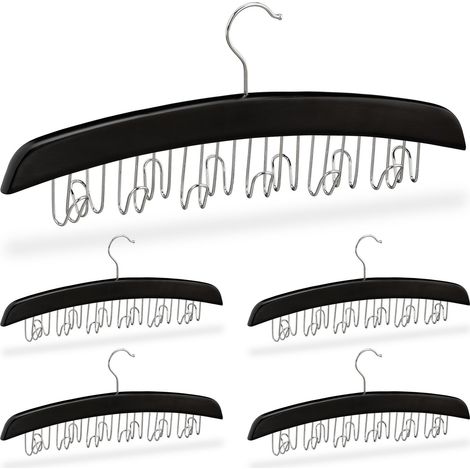 5x Wardrobe Belt Holder, Hook for 12 belts, 360° Rotatable Hook, Wood, 17.5x43x5.5 cm, Black/Silver