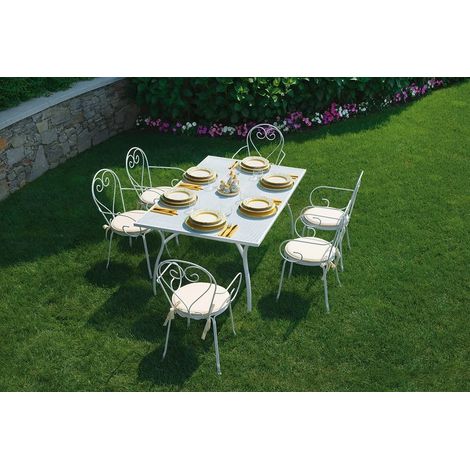 Set pranzo da giardino con tavolo 6 sedie e cuscini color avorio Shabby Chic (1/3)