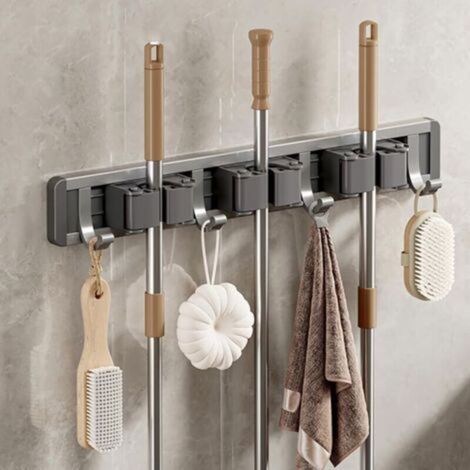 Accroche Balai Mural Aluminium, sans Percage, Support Adhesif avec Crochet, Range, Porte Outils pour Cuisine, Garage, Jardin, Salle de Bain (Gris,3 Supports et 4 Crochets) (1/5)