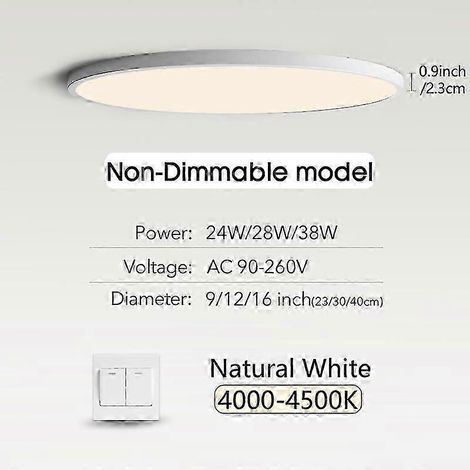 Plafonnier LED ultra-mince Marpou 2 cm 24 W 28 W 38 W Blanc chaud Blanc froid Blanc neutre Éclairage moderne d'intérieur Décoration pour la maison (38 W Blanc - blanc naturel) (1/5)