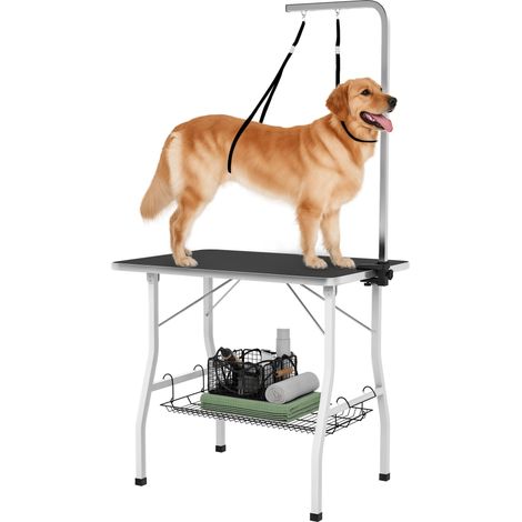 Table de toilettage pour chien, table de toilettage avec bras réglable, compartiment de rangement, surface en caoutchouc, 90 x 60 x 76 cm, noire (1/5)