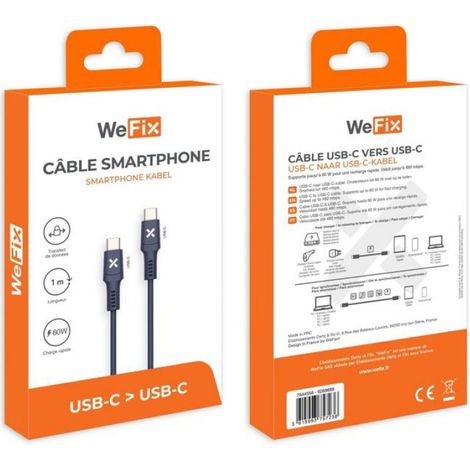 Câble téléphone portable Wefix Cable USB-C vers USB-C 60W 1m Bleu (1/2)
