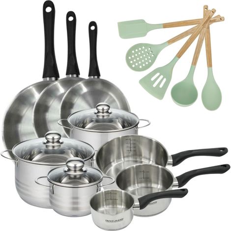 Lot 3 Poêles 20/24/28 cm, 3 Faitouts 16/20/24 cm & 3 Casseroles 12/16/20 cm Fackelmann Geneva et 5 ustensiles (1/5)