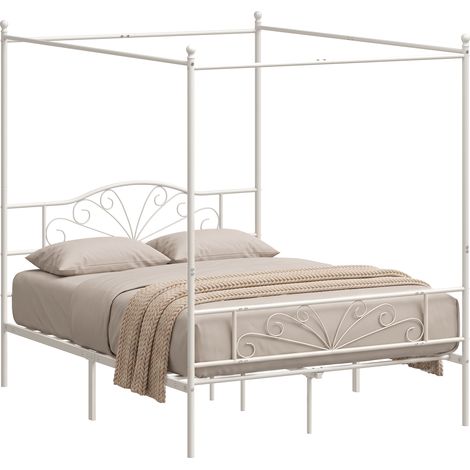 HOMCOM Canopy Bed Frame Double Size, Metal Platform Bed Frame, White (1/5)