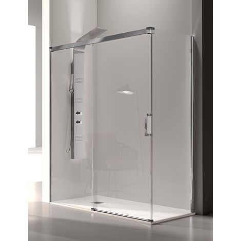 Mampara de Ducha Angular- 2 Hojas Fijas y 1 Puerta Corredera- Cristal de Seguridad de 6/8 mm - Modelo Glase Q3 PB (156 - 160 x70 cm) - TRANSPARENTE (1/3)