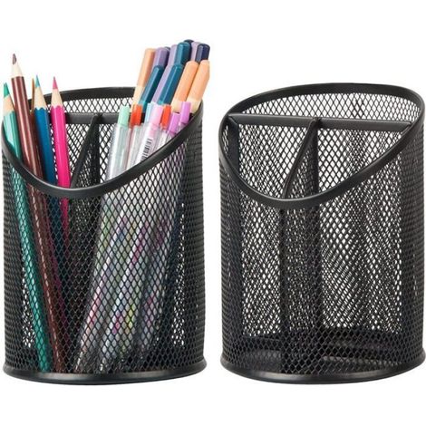 Support Stylo - Maille Métallique Ronde - 3 Compartiments - Bureau - Lot de 2 (1/4)