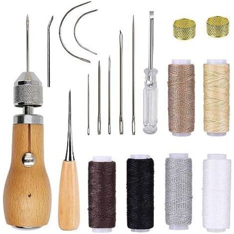 Kit de couture manuel pour cuir - Avec poinçon, rouleaux fil ciré, anneau en laiton, aiguilles à coudre bricolage la main outil outils réparation moquette, et toile