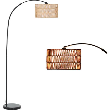 Rattan Floor Lamp for Living Room, Farmhouse Arc Standing Lamp with Dual-Layer Shade & Foot Switch, Height Adjustable Minimalist Tall Pole Lampshade for Bedroom, Office, Black (1/5)