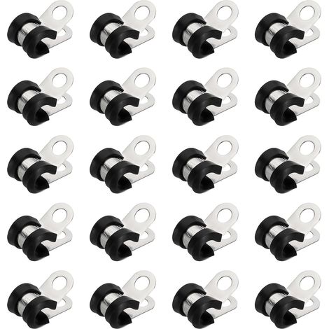Lot de 20 colliers de serrage de 6,35 mm en acier inoxydable 304 pour sangle de tuyau rigide, clips en caoutchouc pour tuyaux, support de tuyau, noir (6,4 mm) (1/5)