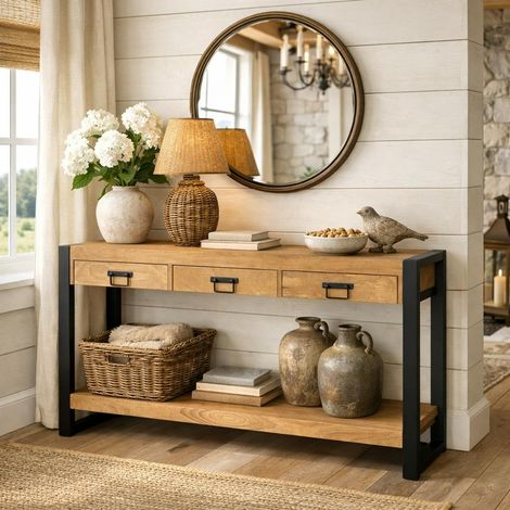 Longue console d'entrée bois clair métal noir 3 tiroirs MILORA