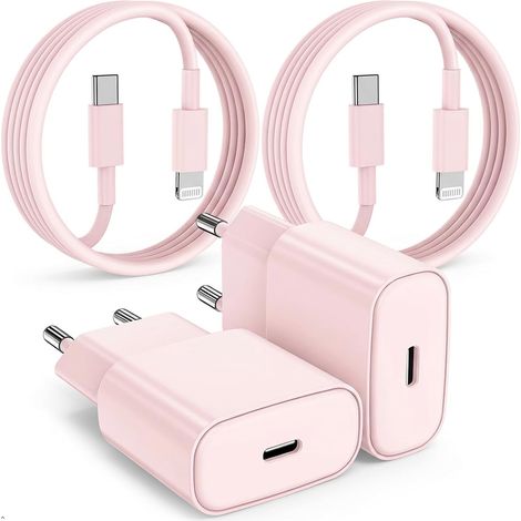 2Pack 20W Chargeur Rapide pour iPhone 14/13/12/11& 2+2m Câble Pink (1/5)
