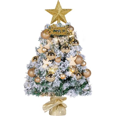 Mini Sapin de Noël avec éclairage LED - Table et minuterie - 61 cm - Floqué - Petit Sapin de Noël avec 27 Ornements - 90 Pointes de Branches - Rouge (La Couleur d'or) (1/5)