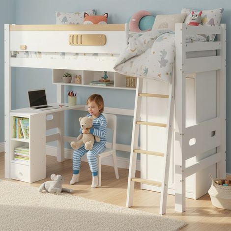 Lit mezzanine enfant avec grille, table et armoire, étagère, nombreux rangements, échelle 4 marches, pin/MDF, blanc/naturel, 90x200 cm (sans Matelas) (1/5)