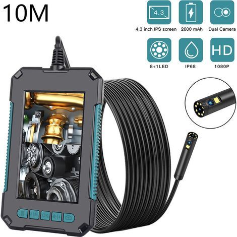 BUNTHAUS 1080p HD-Endoskop mit 4,3-Zoll-Bildschirm – Kfz-Inspektion, Rohrleitungen, Klimaanlagen – IP68 wasserdichte Kamera – Einstellbare LEDs – Wiederaufladbarer Akku – 10 Meter starre Kabellänge – 