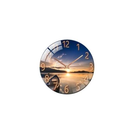 Horloge murale en verre de 30 cm (12 pouces), silencieuse et ronde, idéale pour le salon, la chambre, le couloir ou le bureau, bleu coucher de soleil