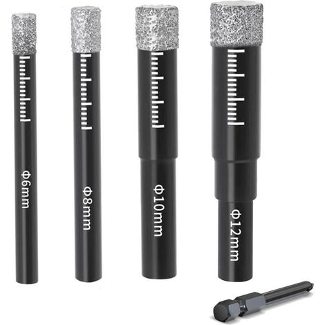 Lot de 4 forets diamantés pour carrelage 6/8/10/12 mm - Foret en carbure de tungstène pour céramique, granit, verre, porcelaine, carrelage, carrelage dur, grès cérame, marbre, avec poignée hexagonale (1/4)