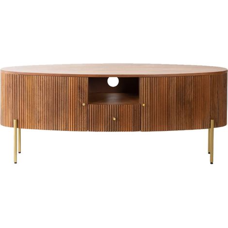 Made In Meubles – Meuble TV en bois de manguier 135x40 cm – Pieds métal doré – Portes sculptées – Rangement élégant (1/5)