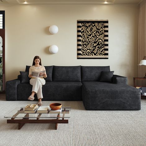 Divano angolare destro modulare compresso in velluto a coste, non richiede montaggio, imbottitura in schiuma ad alta resilienza, 270x175x83 cm, nero (1/5)