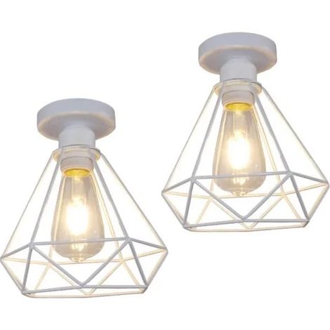 2x E27 Plafonnier Industrielle en Fer Blanc Lampe Plafonnier Vintage en Cage Style Edison pour Salon Chambre (1/4)