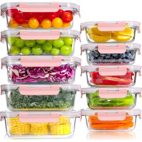 Boite Alimentaire Verre avec Couvercle Hermétique - Lot de 10 Lunch Box Verre Réutilisables, Sans BPA, Compatibles Micro-ondes, Four, Lave-vaisselle, Congélateur, Rose (1/5)
