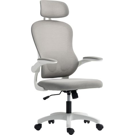 Silla de oficina ergonómica gris con respaldo de malla, reposabrazos abatibles y función basculante (1/5)