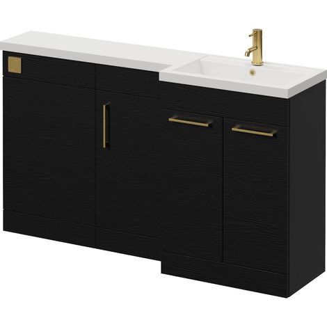 Napoli 390 Nero Oak 1500mm 3 Door Vanity Unit Toilet Suite with Right Hand Square Lucia Basin - 1500mm - Brushed Brass 160mm HandleWithout Kingston Toilet Pan