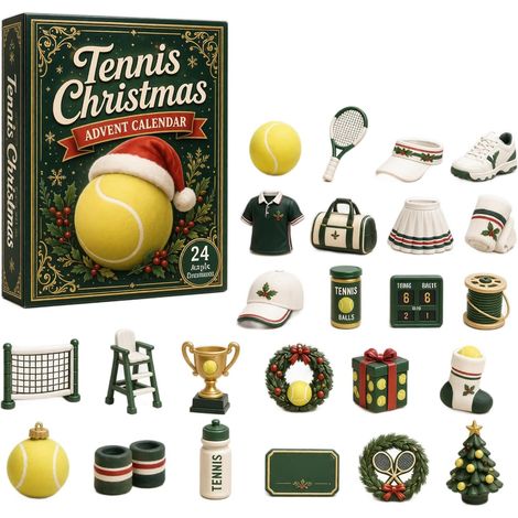 Tennis-Adventskalender 2026 – 24-teilig – gelb, grün, weiß – Acryl – 6 cm Mini-Hängeanhänger – Weihnachtliches Tennis-Design – Christbaumschmuck – geeignet für Tennisfans, Weihnachtsfeiern und als Dek (1/5)
