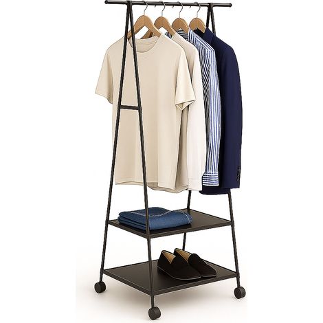 Relaxdays Appendiabiti con Rotelle, HxLxP: 160x55x42 cm, Metallo e Tessuto, Stand con Ripiani Porta Scarpe, Nero